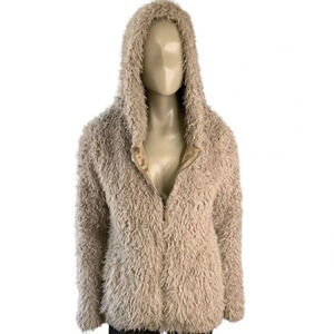 COUNTESS Faux Fur Fuzzy Zip Up Hooded Pea Coat Jacket Taupe Women Size M